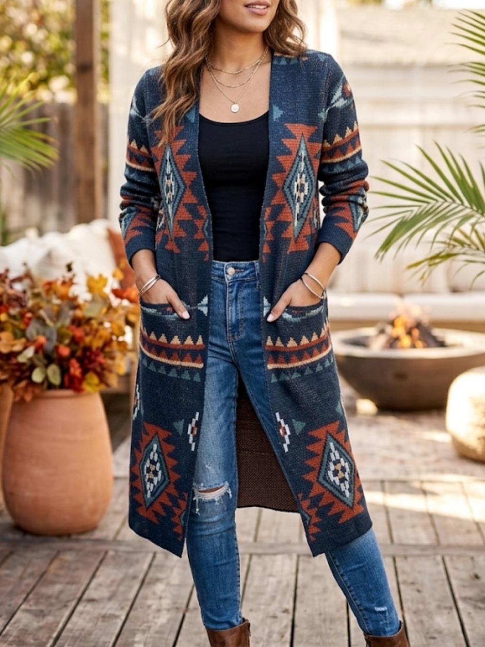 ROCK ROLL Size L Open Front Aztec Pattern Long Cardigan Sweater - Navy Rust